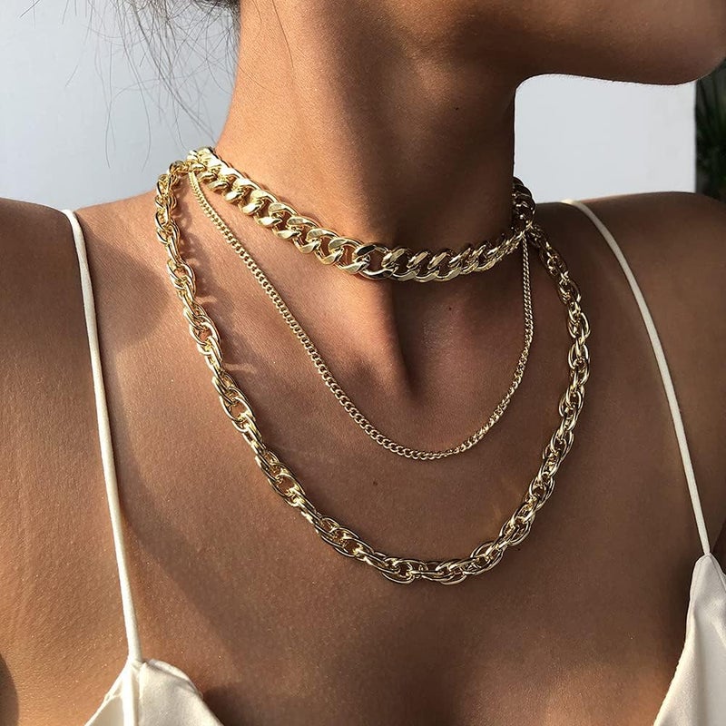 ANGLEQUEEN Chunky Silver Necklaces for Women Silver Layered Pirate Necklaces Punk 8090s Hip Hop Cuban Link Chain Necklace Layered Choker Necklace Pirate Prom Jewelry Freaknik Outfit Accessories - Image 1